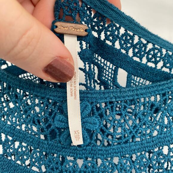Free People Women's Emily Teal Blue Crochet Pleated Mini Dress Size XS X-Small - Picture 4 of 14